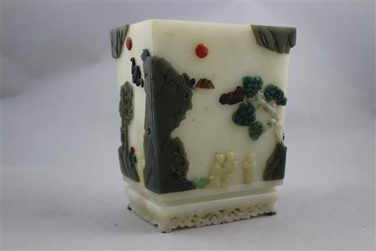 A large Chinese pale celadon jade and hardstone overlaid vase, 16cm high